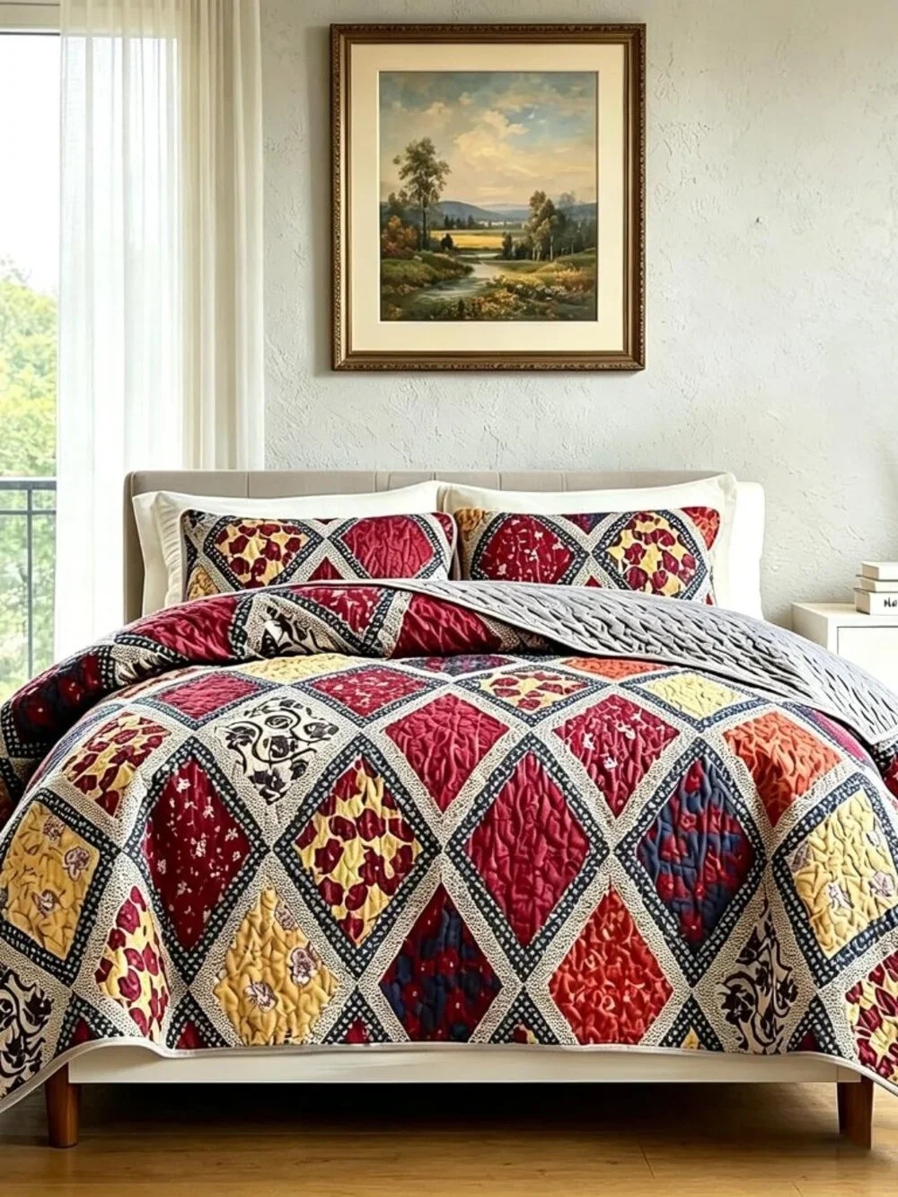 Queen Size Patchwork Quilt Set Boho Floral Geometric Bedspread Coverlet Soft Mic